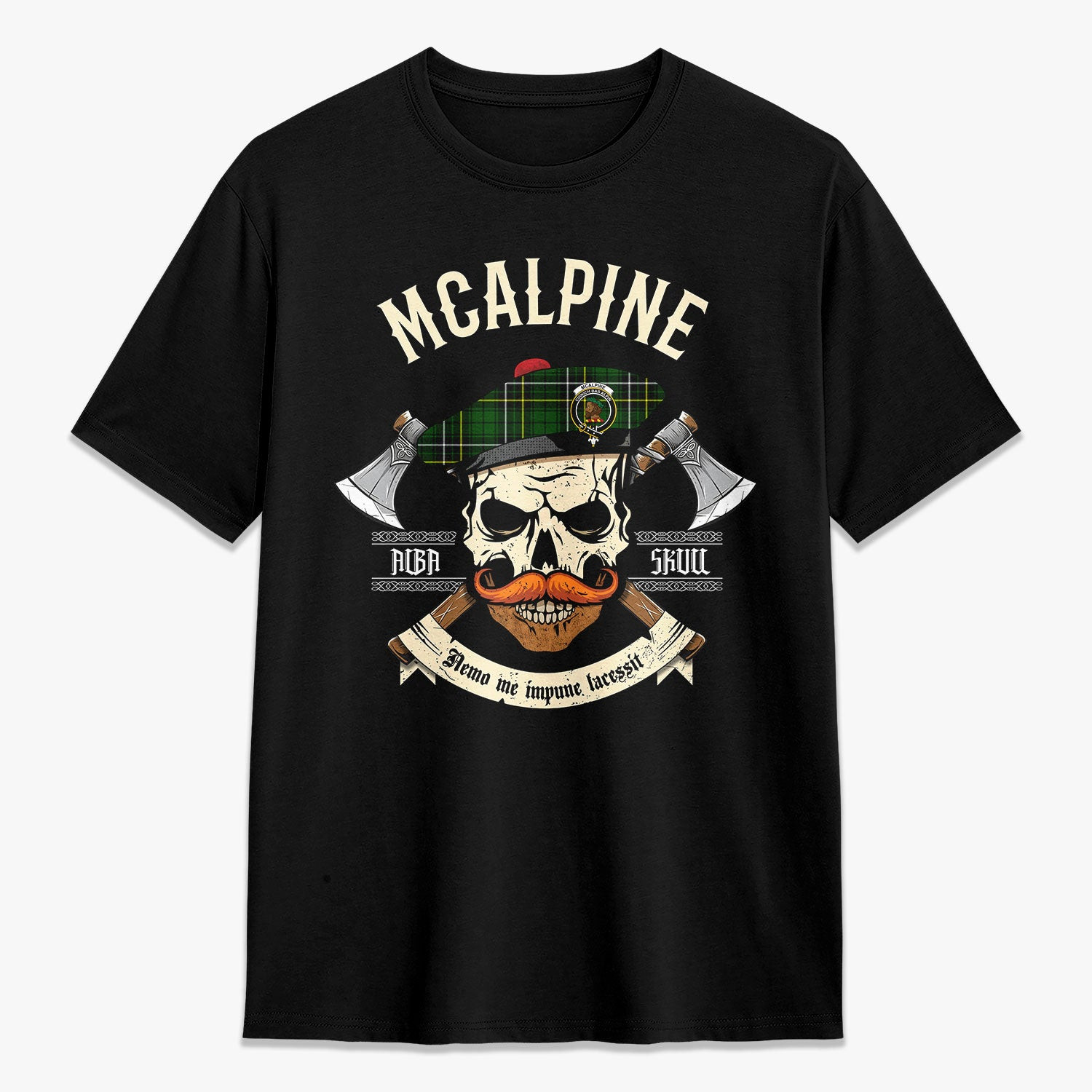ScotsTee Shop Scottish McAlpine Modern Crest Tartan T-shirt Alba Skull Style