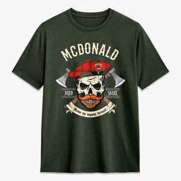 ScotsTee Shop Scottish McDonald of Sleat Crest Tartan T-shirt Alba Skull Style