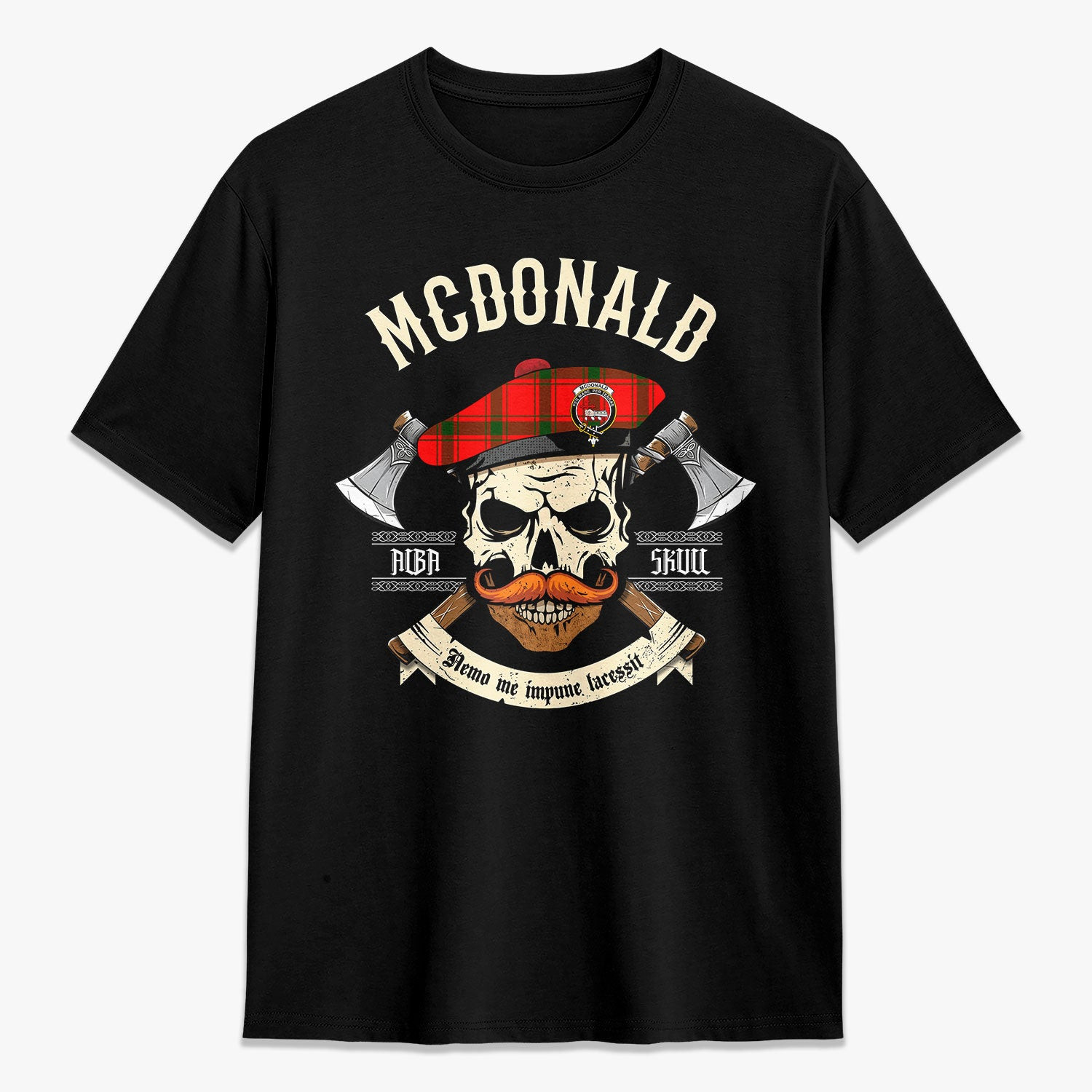 ScotsTee Shop Scottish McDonald of Sleat Crest Tartan T-shirt Alba Skull Style