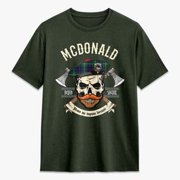 ScotsTee Shop Scottish McDonald of the Isles Hunting Modern Crest Tartan T-shirt Alba Skull Style