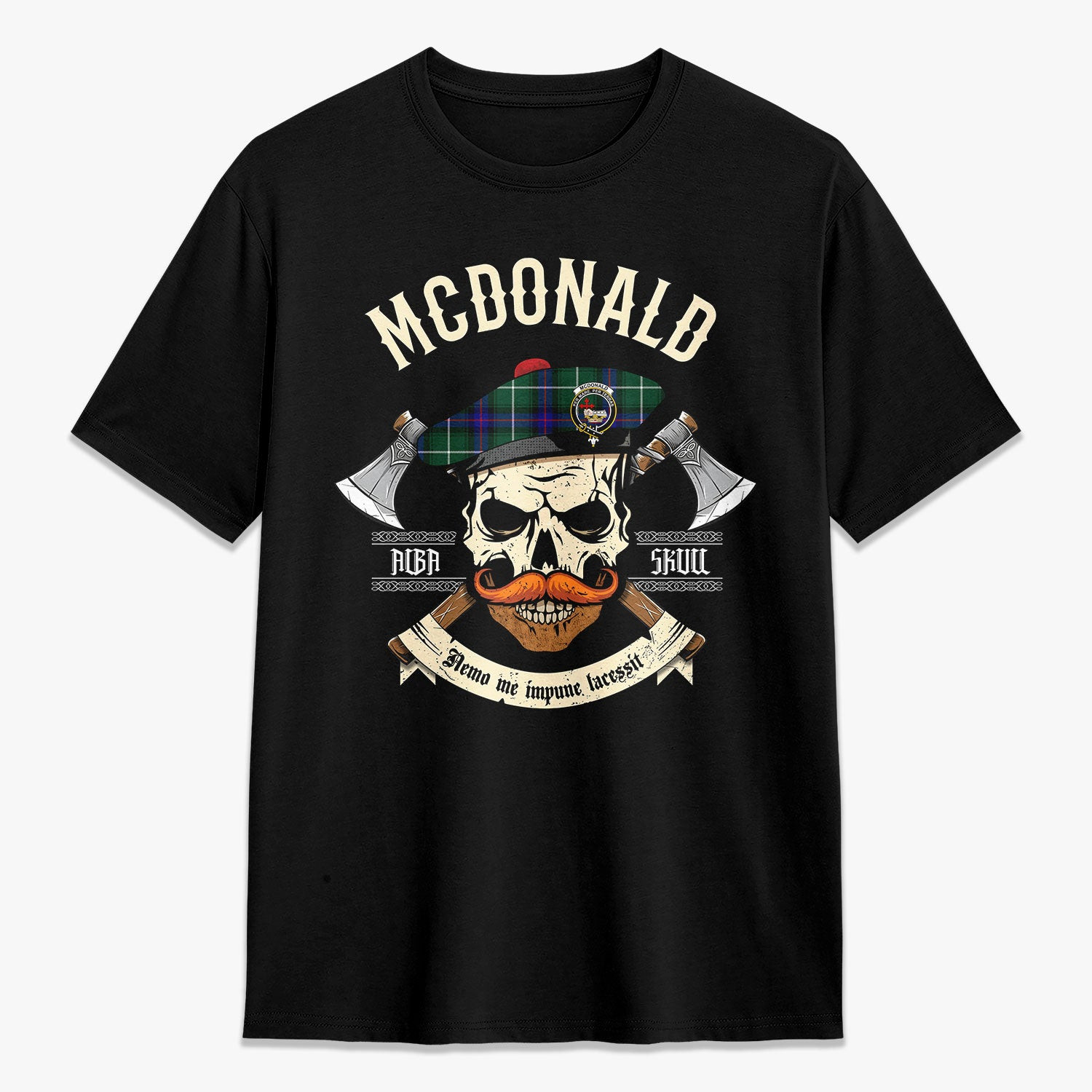 ScotsTee Shop Scottish McDonald of the Isles Hunting Modern Crest Tartan T-shirt Alba Skull Style