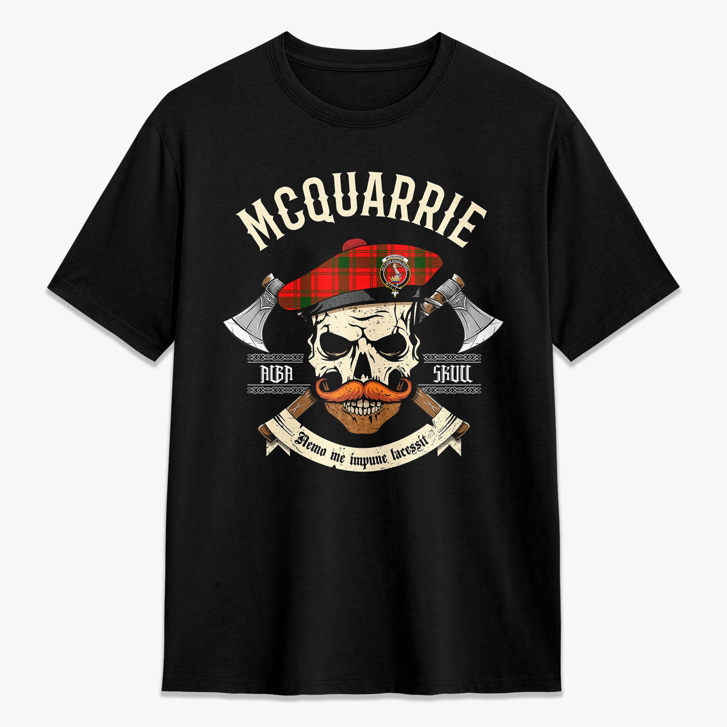 ScotsTee Shop Scottish McQuarrie Crest Tartan T-shirt Alba Skull Style