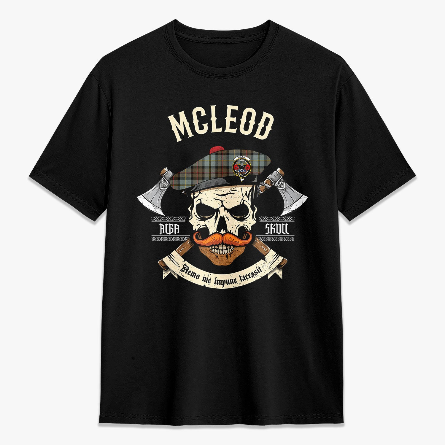 ScotsTee Shop Scottish McLeod of Harris Weathered Crest Tartan T-shirt Alba Skull Style