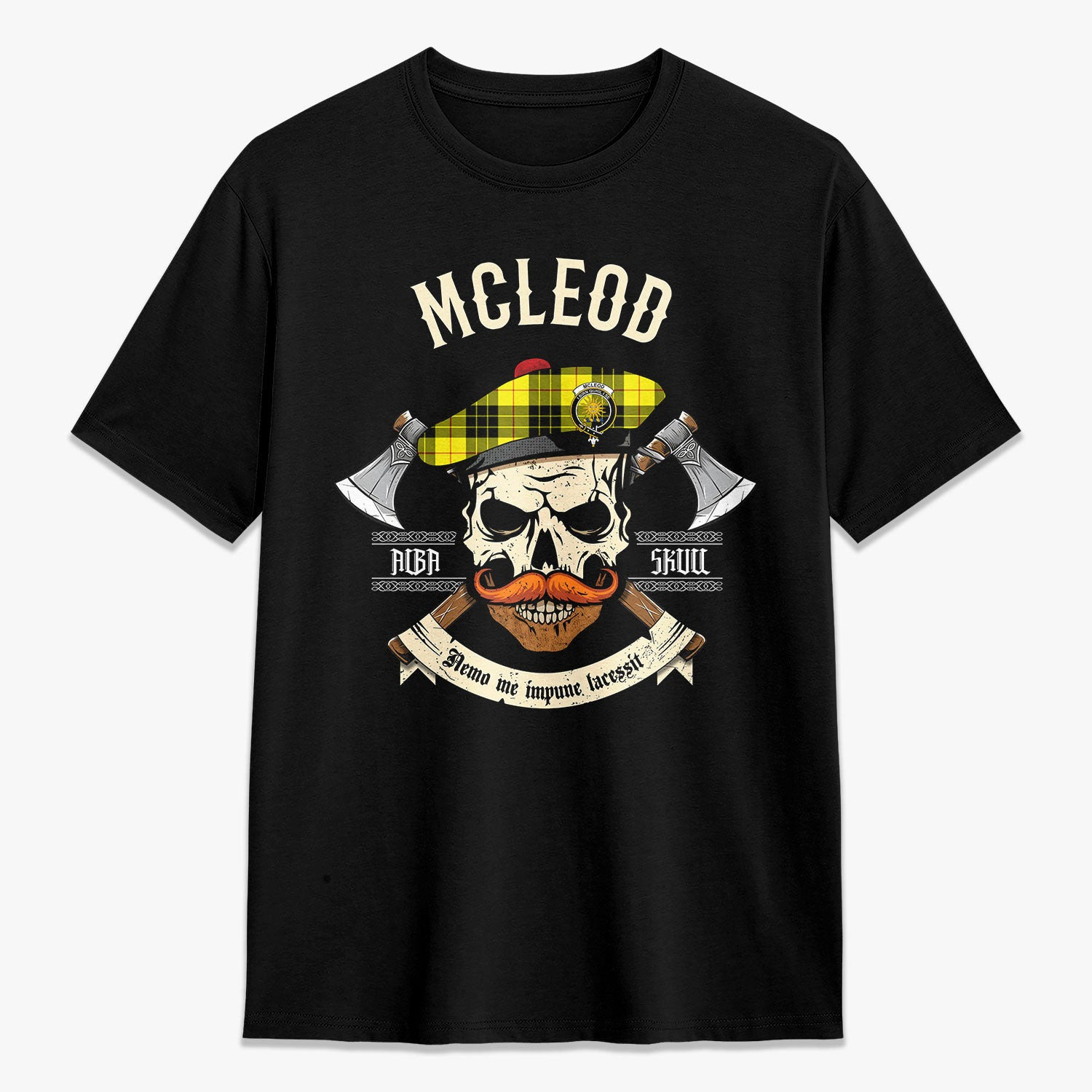 ScotsTee Shop Scottish McLeod of Lewis Modern Crest Tartan T-shirt Alba Skull Style