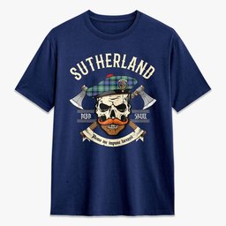 ScotsTee Shop Scottish Sutherland Old Ancient Crest Tartan T-shirt Alba Skull Style