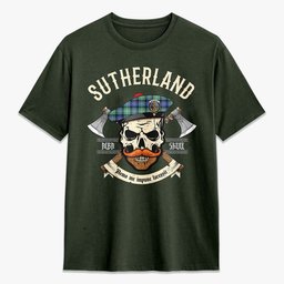 ScotsTee Shop Scottish Sutherland Old Ancient Crest Tartan T-shirt Alba Skull Style