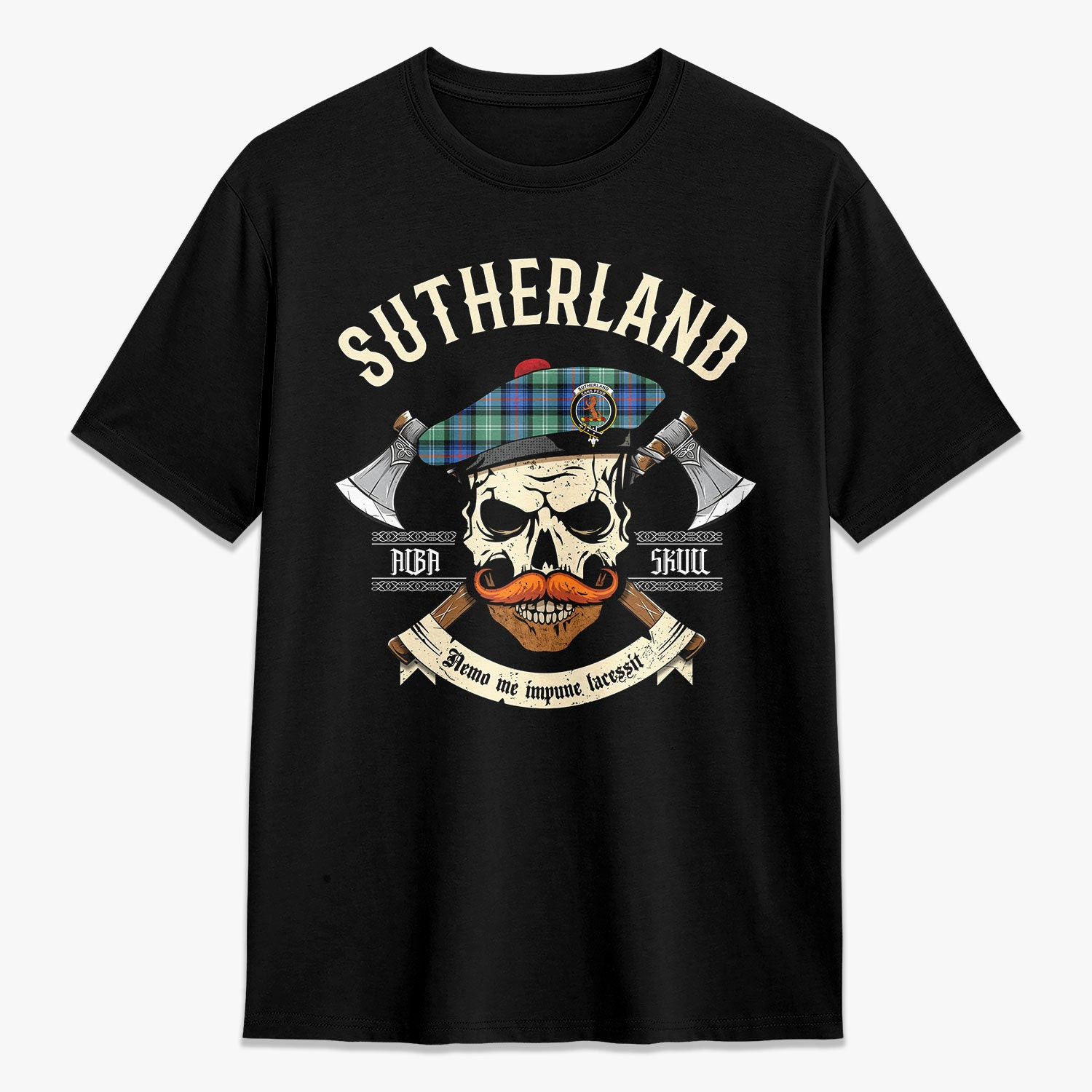 ScotsTee Shop Scottish Sutherland Old Ancient Crest Tartan T-shirt Alba Skull Style