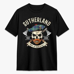 ScotsTee Shop Scottish Sutherland Old Ancient Crest Tartan T-shirt Alba Skull Style