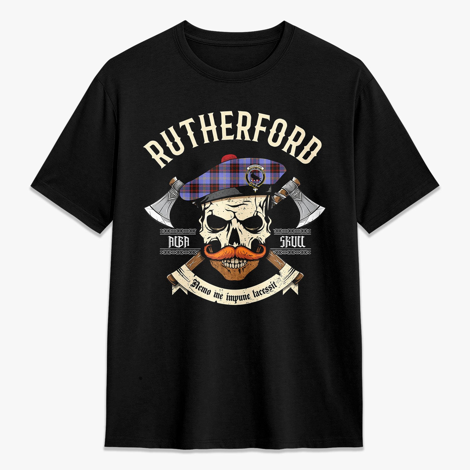 ScotsTee Shop Scottish Rutherford Crest Tartan T-shirt Alba Skull Style