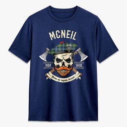ScotsTee Shop Scottish McNeil of Barra Ancient Crest Tartan T-shirt Alba Skull Style