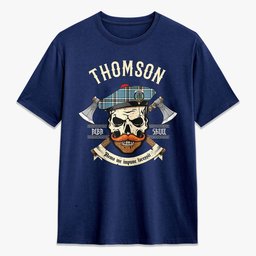 ScotsTee Shop Scottish Thomson Blue Crest Tartan T-shirt Alba Skull Style