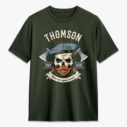 ScotsTee Shop Scottish Thomson Blue Crest Tartan T-shirt Alba Skull Style