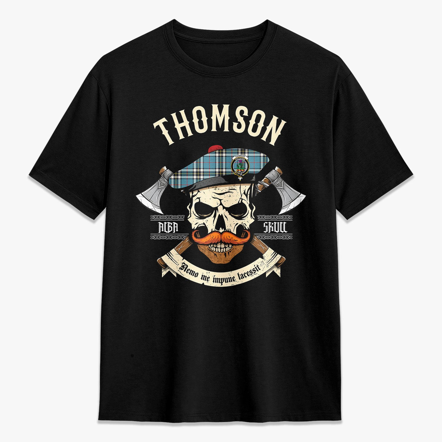ScotsTee Shop Scottish Thomson Blue Crest Tartan T-shirt Alba Skull Style