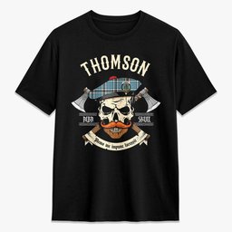 ScotsTee Shop Scottish Thomson Blue Crest Tartan T-shirt Alba Skull Style