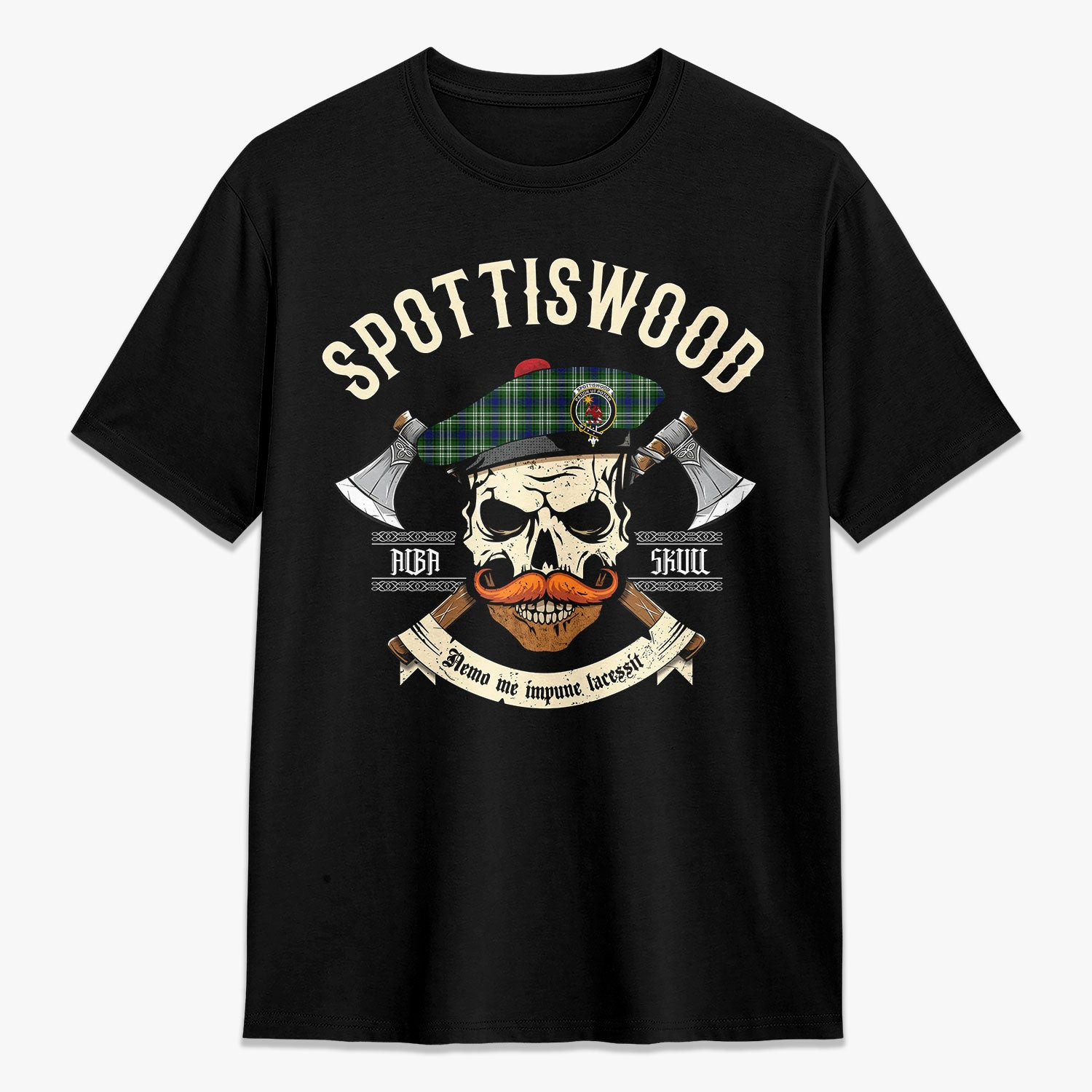 ScotsTee Shop Scottish Spottiswood Crest Tartan T-shirt Alba Skull Style