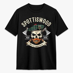 ScotsTee Shop Scottish Spottiswood Crest Tartan T-shirt Alba Skull Style