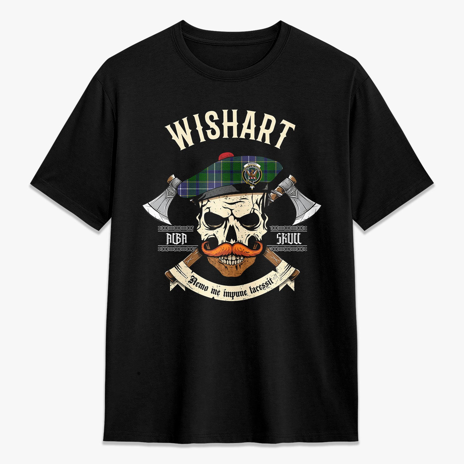 ScotsTee Shop Scottish Wishart Hunting Crest Tartan T-shirt Alba Skull Style
