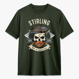 ScotsTee Shop Scottish Stirling (of Cadder-Present Chief) Crest Tartan T-shirt Alba Skull Style