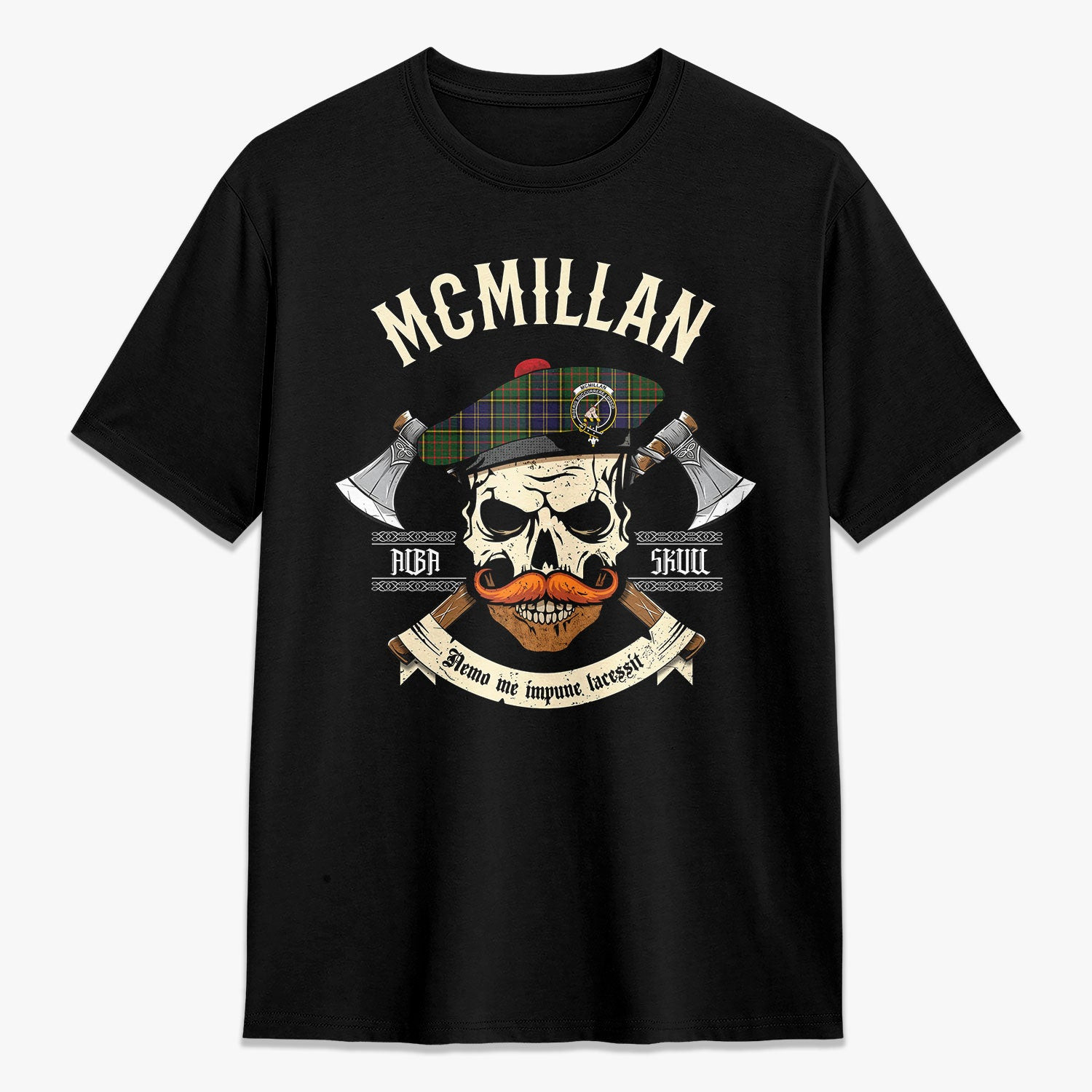 ScotsTee Shop Scottish McMillan Hunting Modern Crest Tartan T-shirt Alba Skull Style