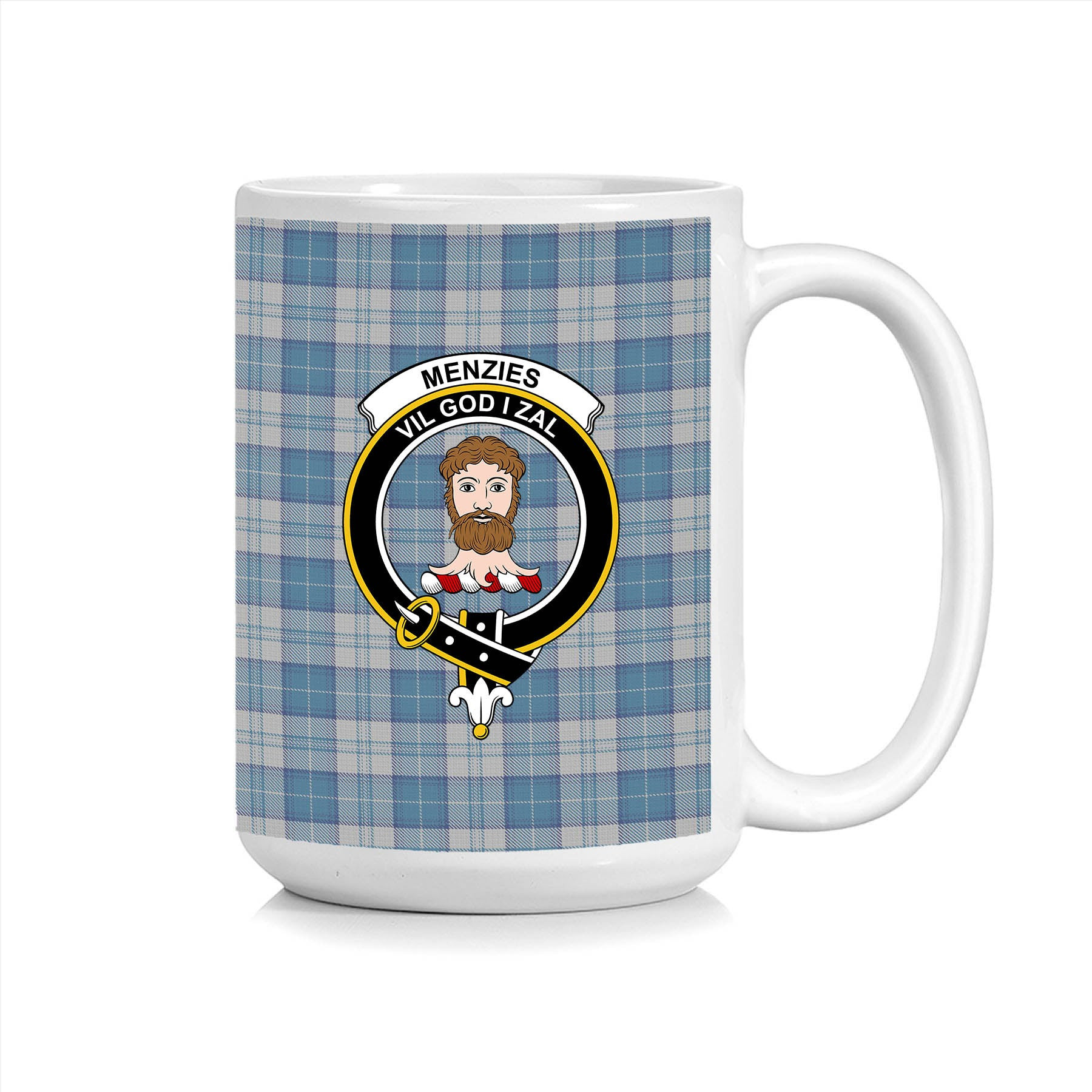 ScosTee Shop Scottish Menzies Dress Blue and White Crest Tartan Ceramic Mug