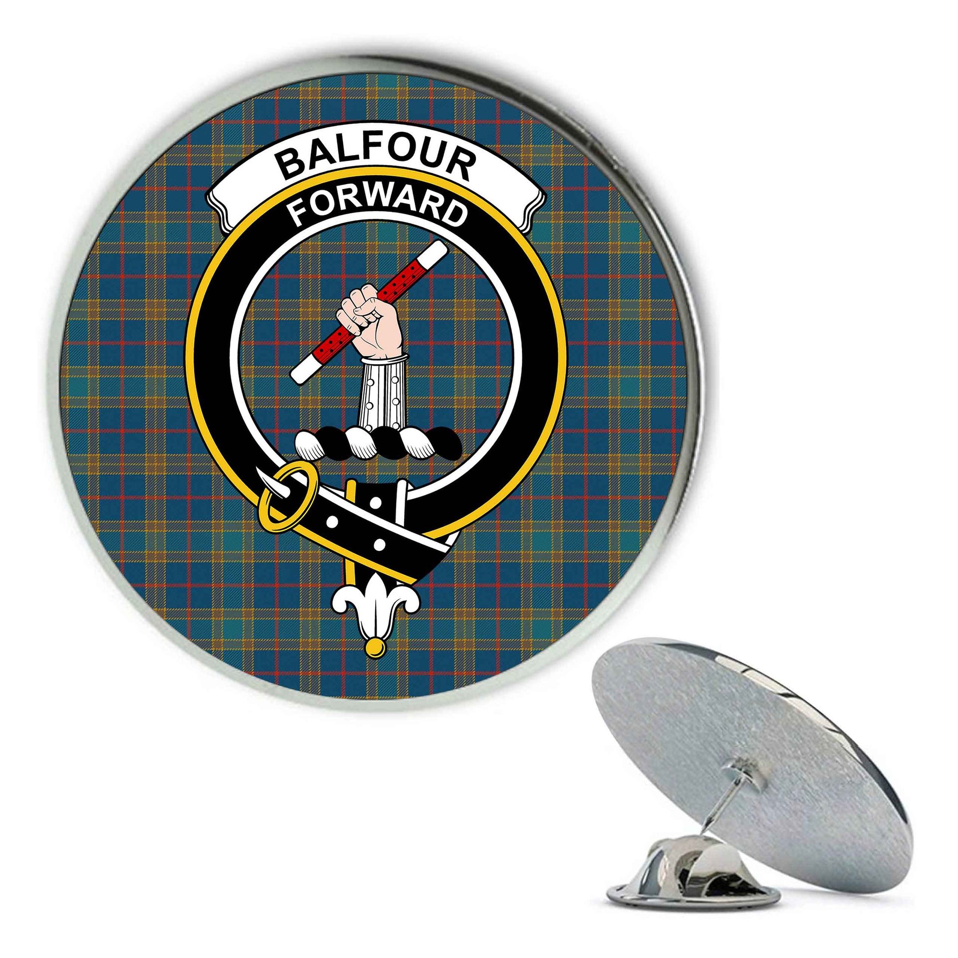 ScotsTee Shop Scottish Balfour Blue Ancient Metal Tartan Lapel Pin Scottish Clan Crest Badge
