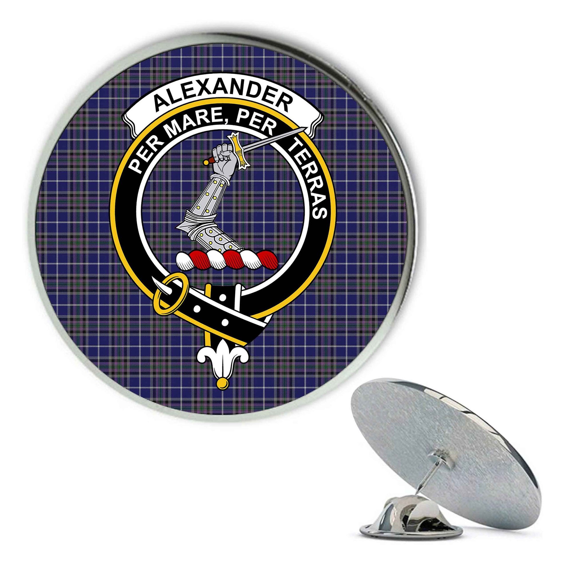ScotsTee Shop Scottish Alexander of Menstry Metal Tartan Lapel Pin Scottish Clan Crest Badge