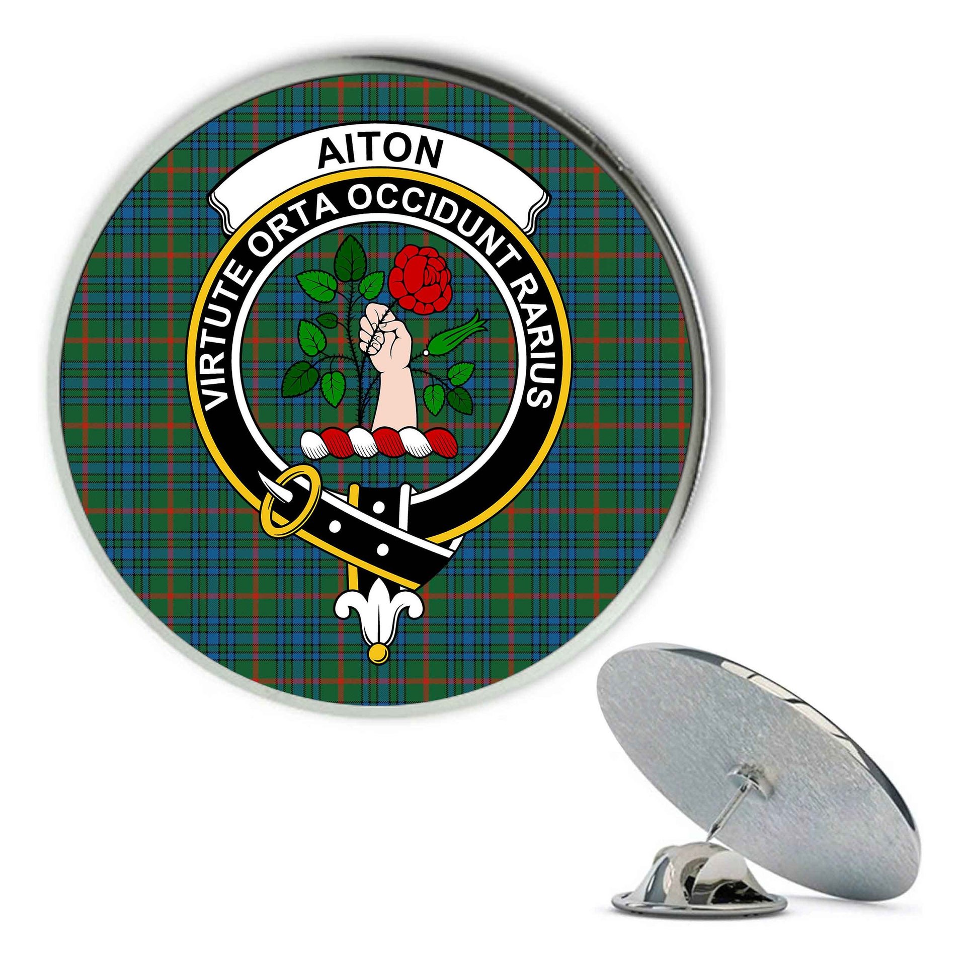 ScotsTee Shop Scottish Aiton Ancient Metal Tartan Lapel Pin Scottish Clan Crest Badge