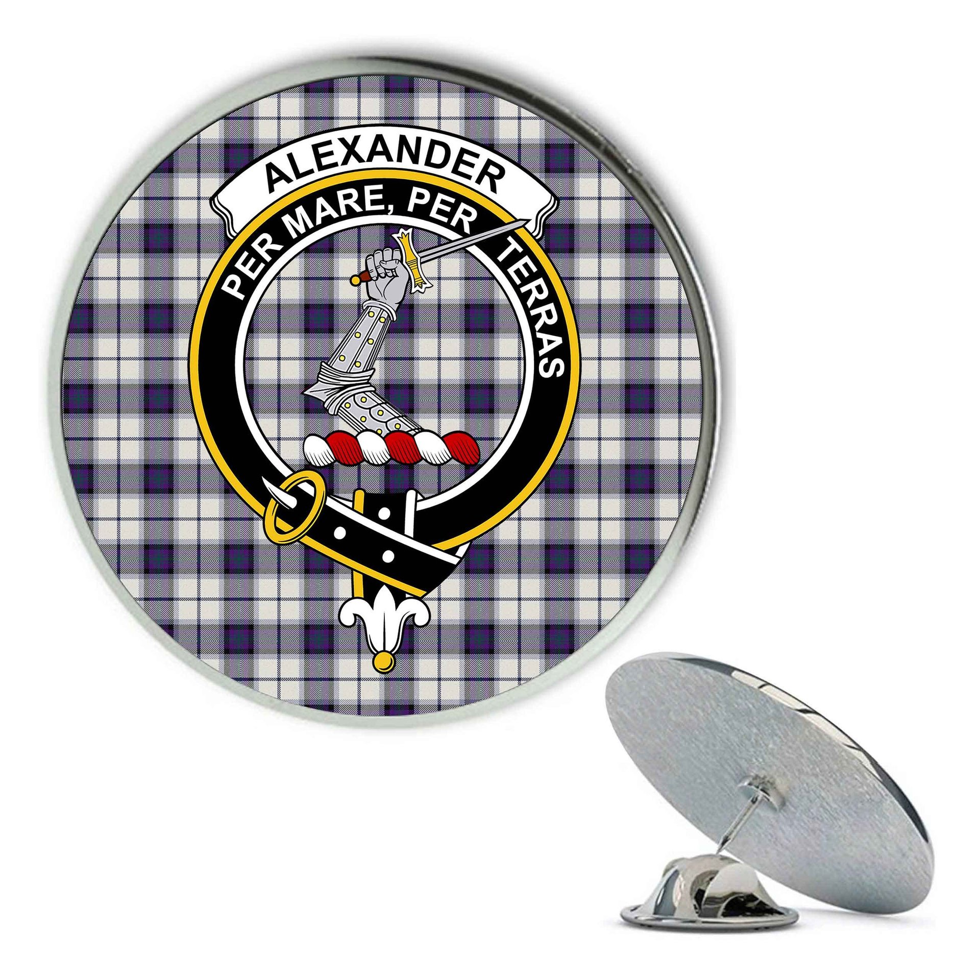 ScotsTee Shop Scottish Alexander of Menstry Dress Modern Metal Tartan Lapel Pin Scottish Clan Crest Badge