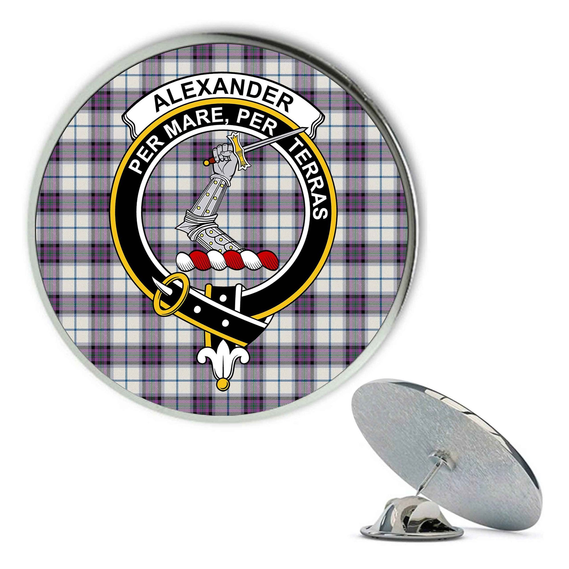 ScotsTee Shop Scottish Alexander of Menstry Dress Ancient Metal Tartan Lapel Pin Scottish Clan Crest Badge