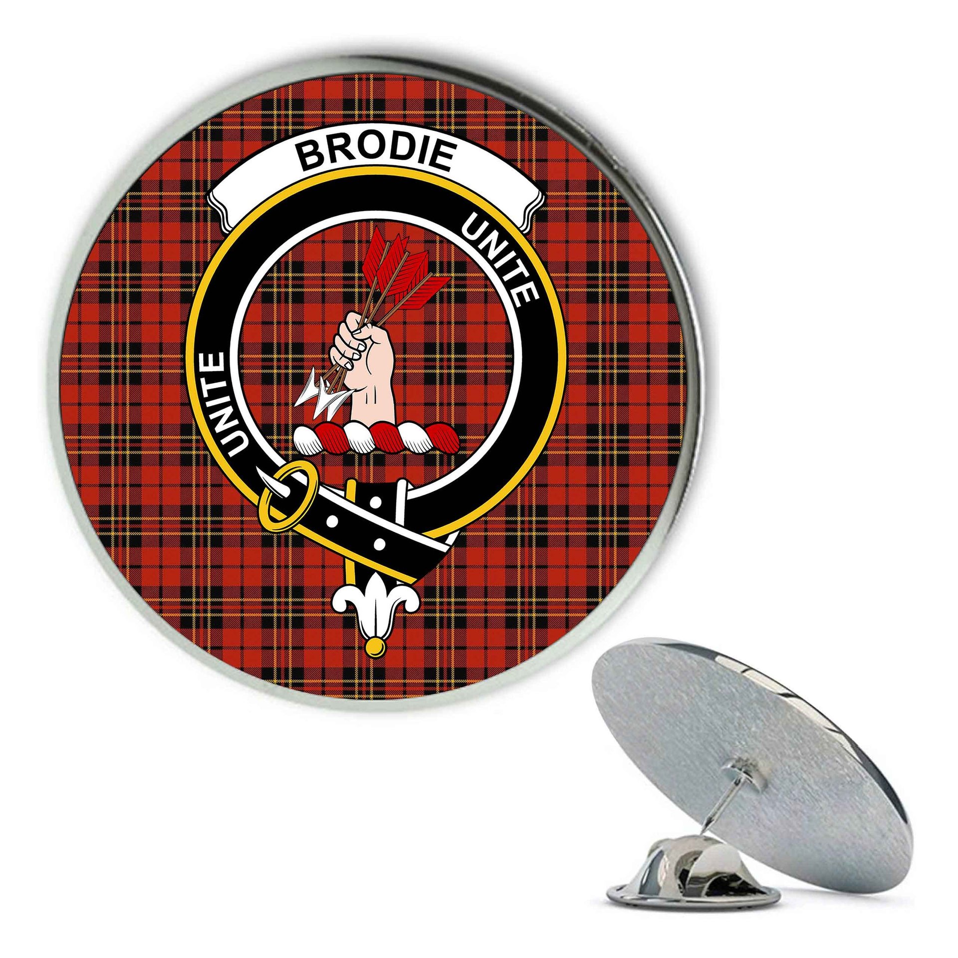 ScotsTee Shop Scottish Brodie Red Ancient Metal Tartan Lapel Pin Scottish Clan Crest Badge