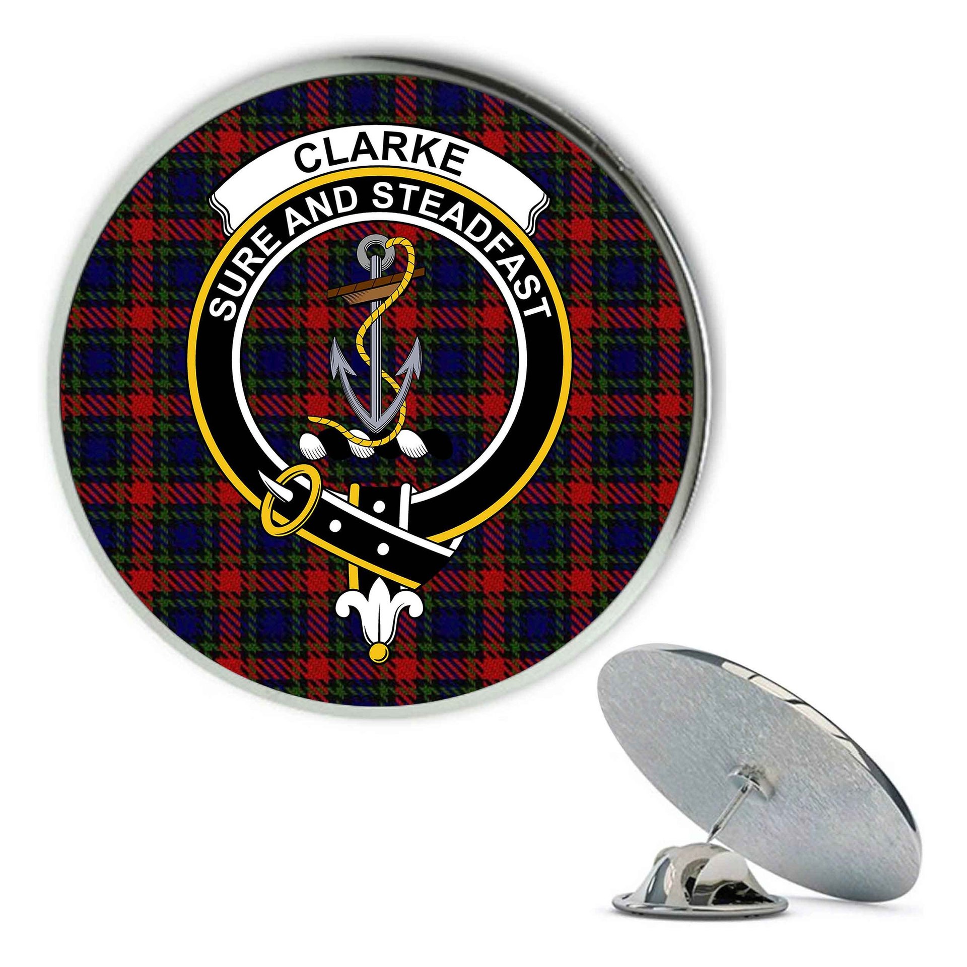 ScotsTee Shop Scottish Clarke Red Metal Tartan Lapel Pin Scottish Clan Crest Badge