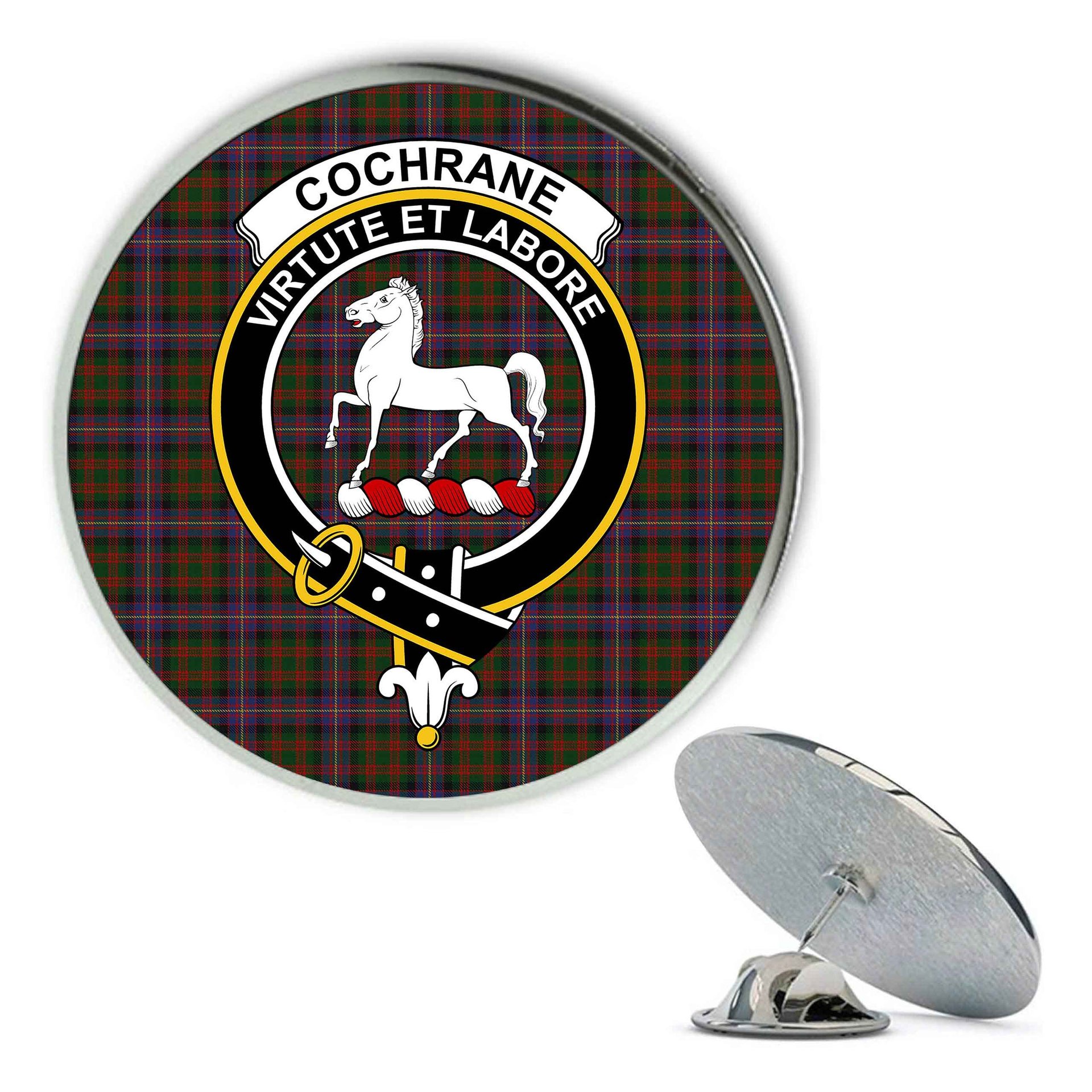 ScotsTee Shop Scottish Cochrane 1974 Metal Tartan Lapel Pin Scottish Clan Crest Badge