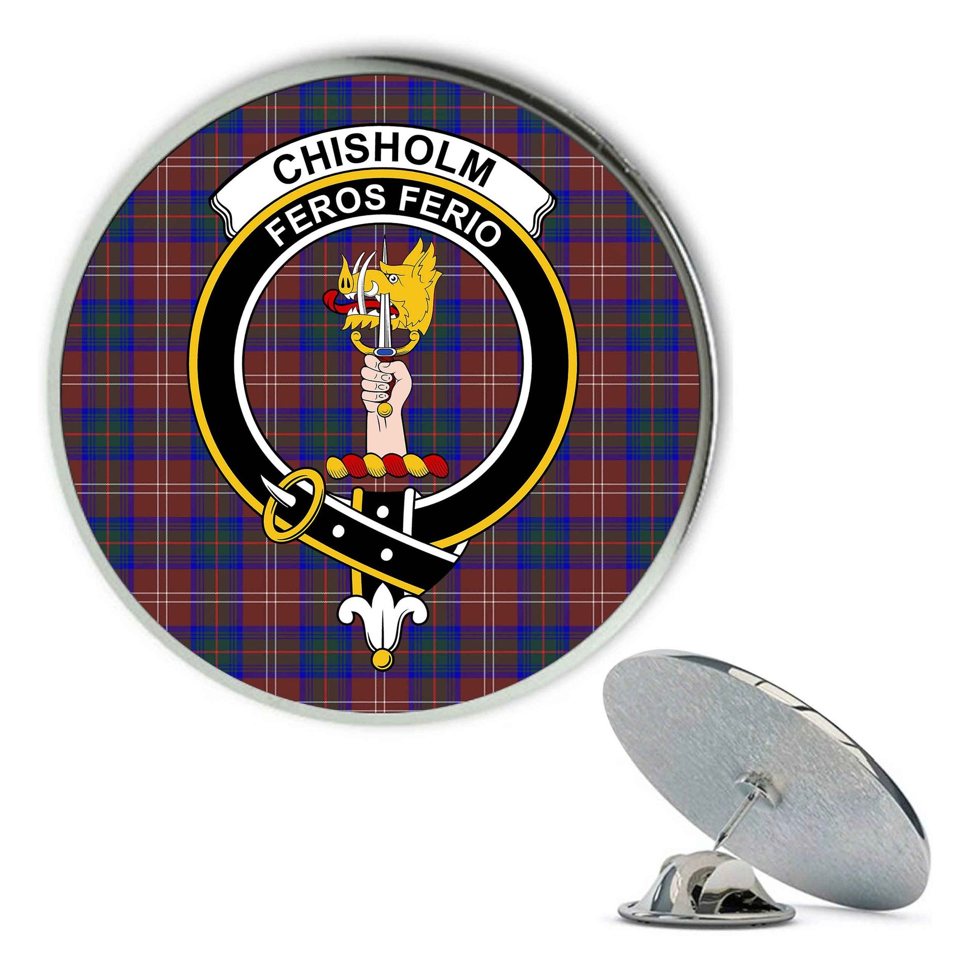 ScotsTee Shop Scottish Chisholm Hunting Modern Metal Tartan Lapel Pin Scottish Clan Crest Badge