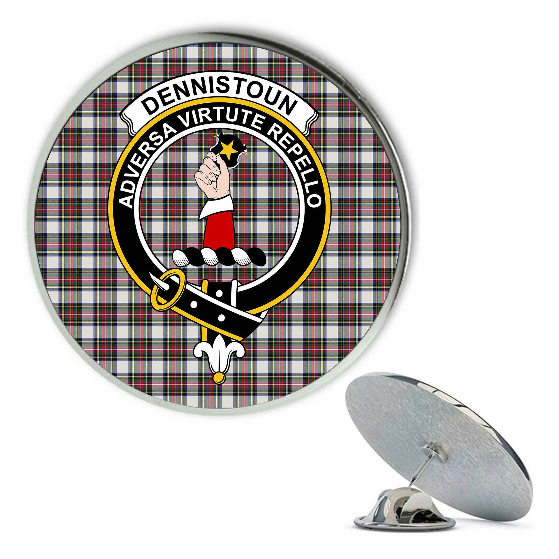 ScotsTee Shop Scottish Dennistoun Metal Tartan Lapel Pin Scottish Clan Crest Badge