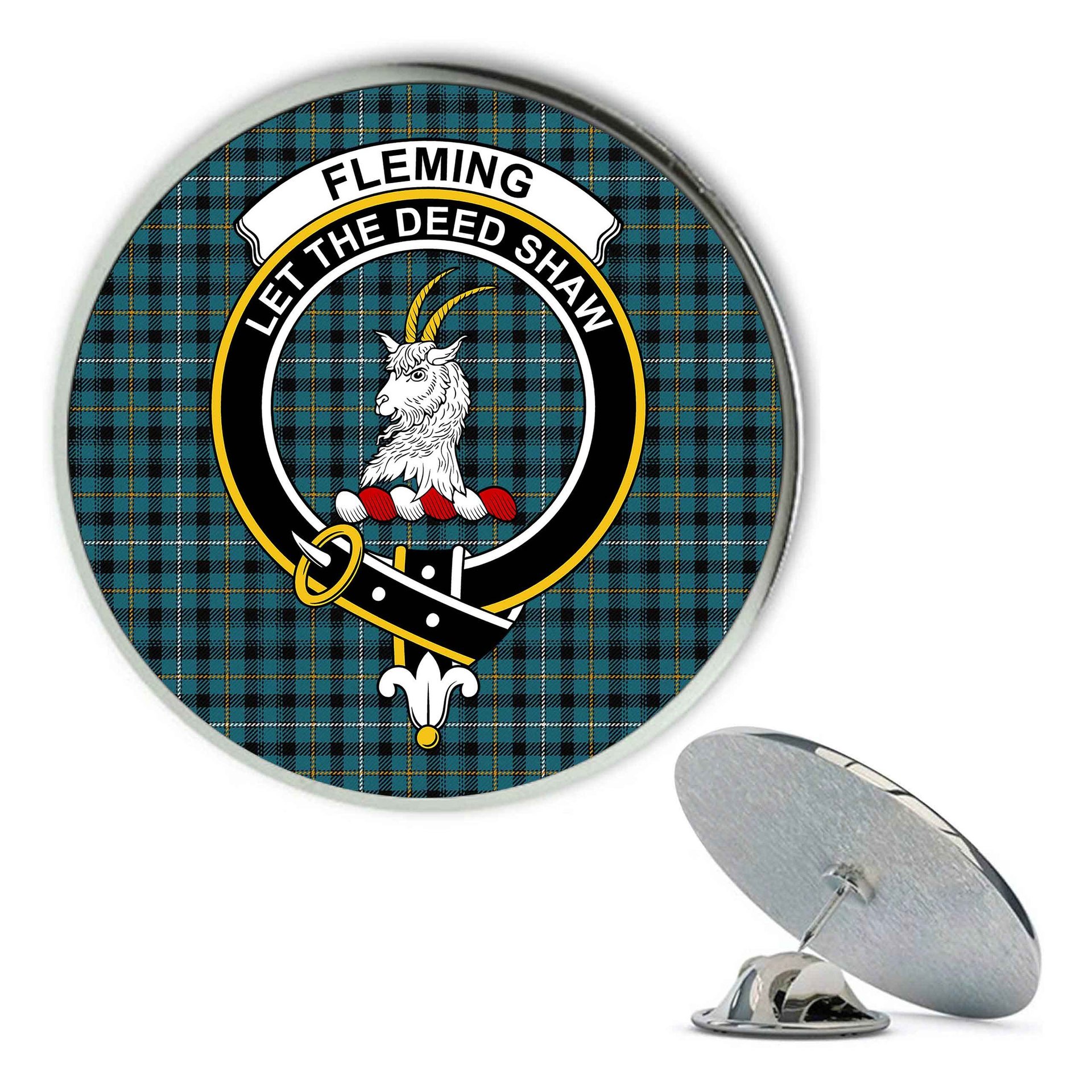 ScotsTee Shop Scottish Fleming Ancient Metal Tartan Lapel Pin Scottish Clan Crest Badge