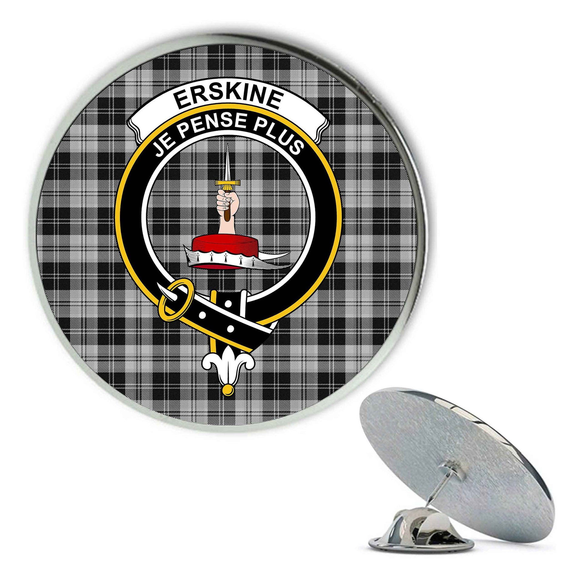 ScotsTee Shop Scottish Erskine Black and White Metal Tartan Lapel Pin Scottish Clan Crest Badge