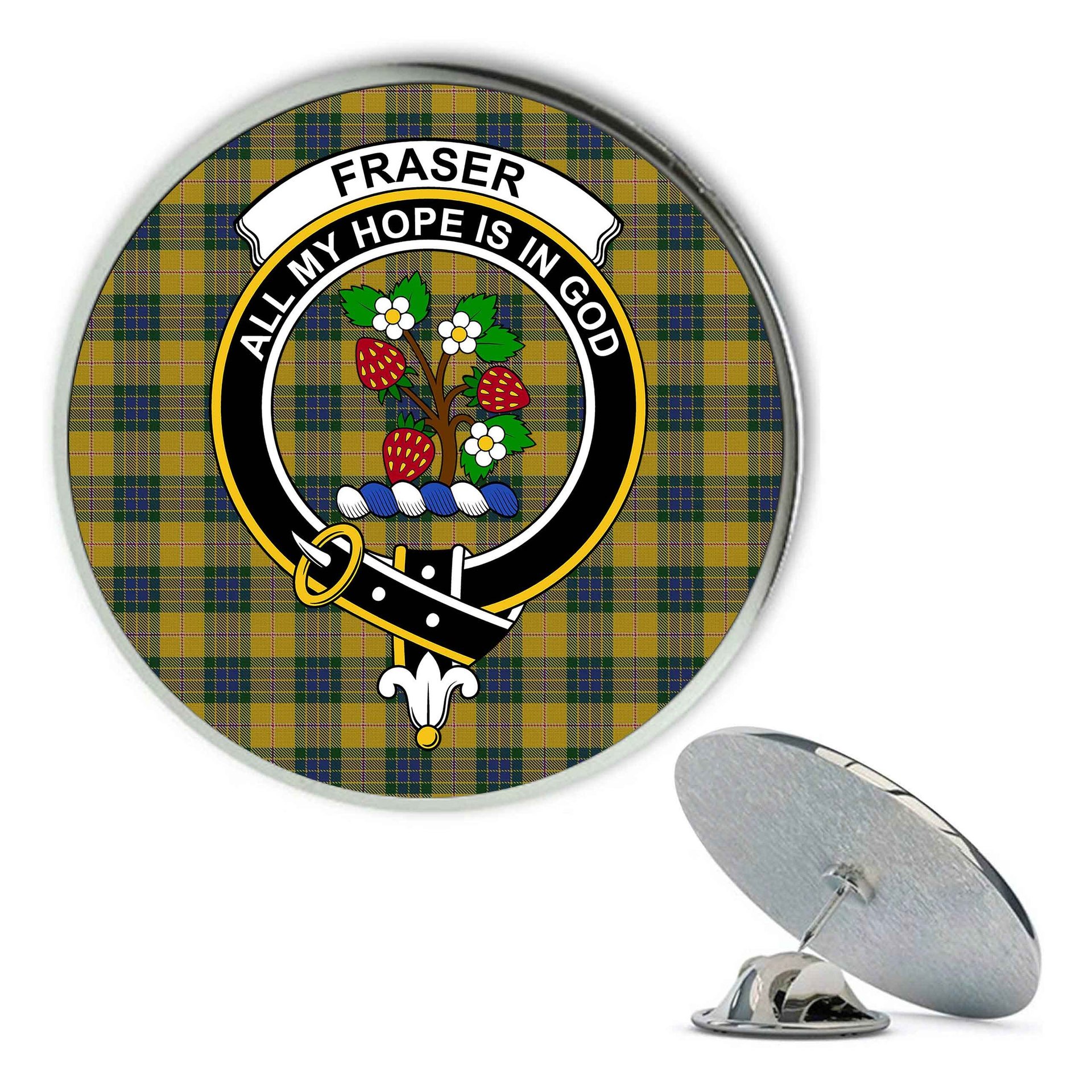 ScotsTee Shop Scottish Fraser Yellow Metal Tartan Lapel Pin Scottish Clan Crest Badge
