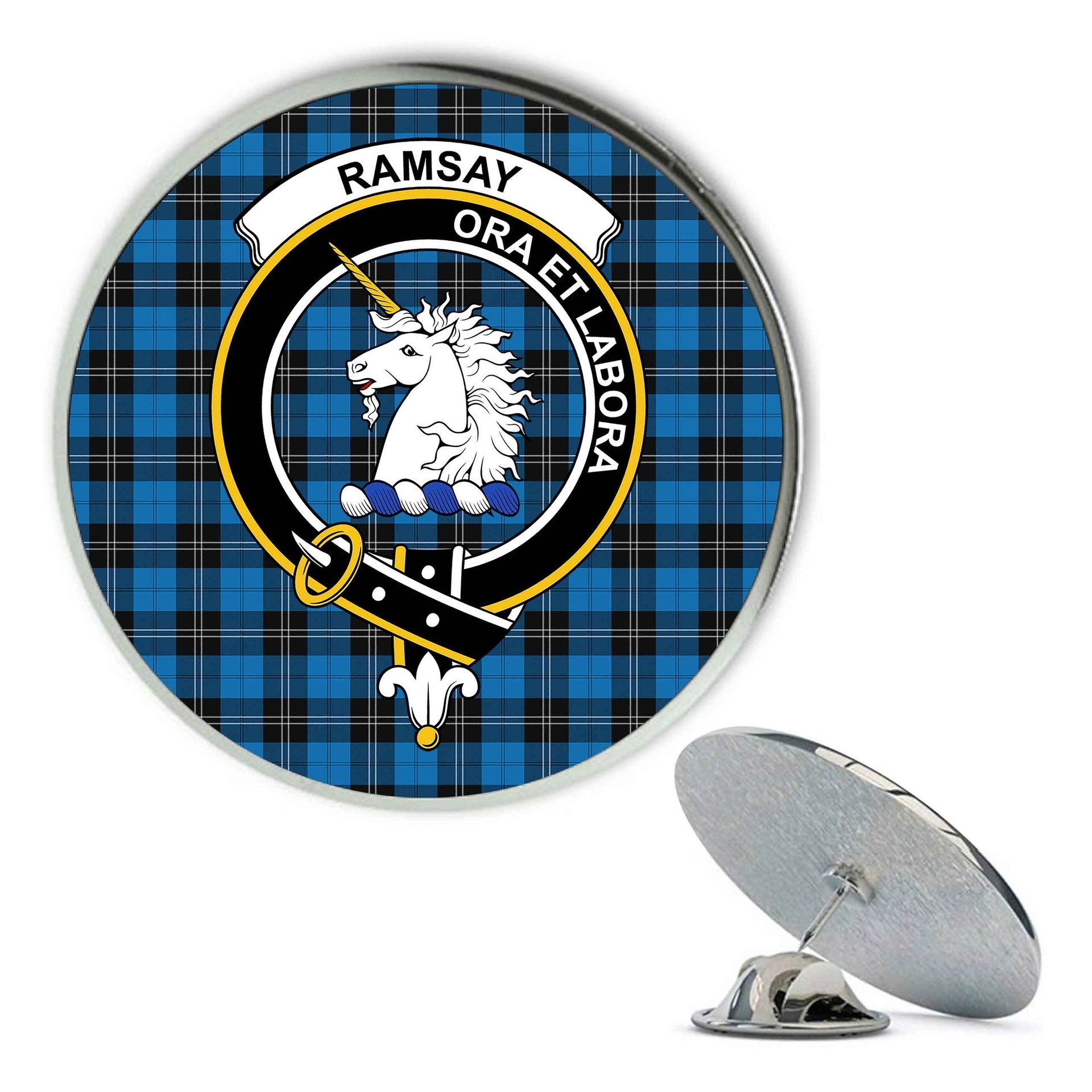 ScotsTee Shop Scottish Ramsay Blue Ancient Metal Tartan Lapel Pin Scottish Clan Crest Badge