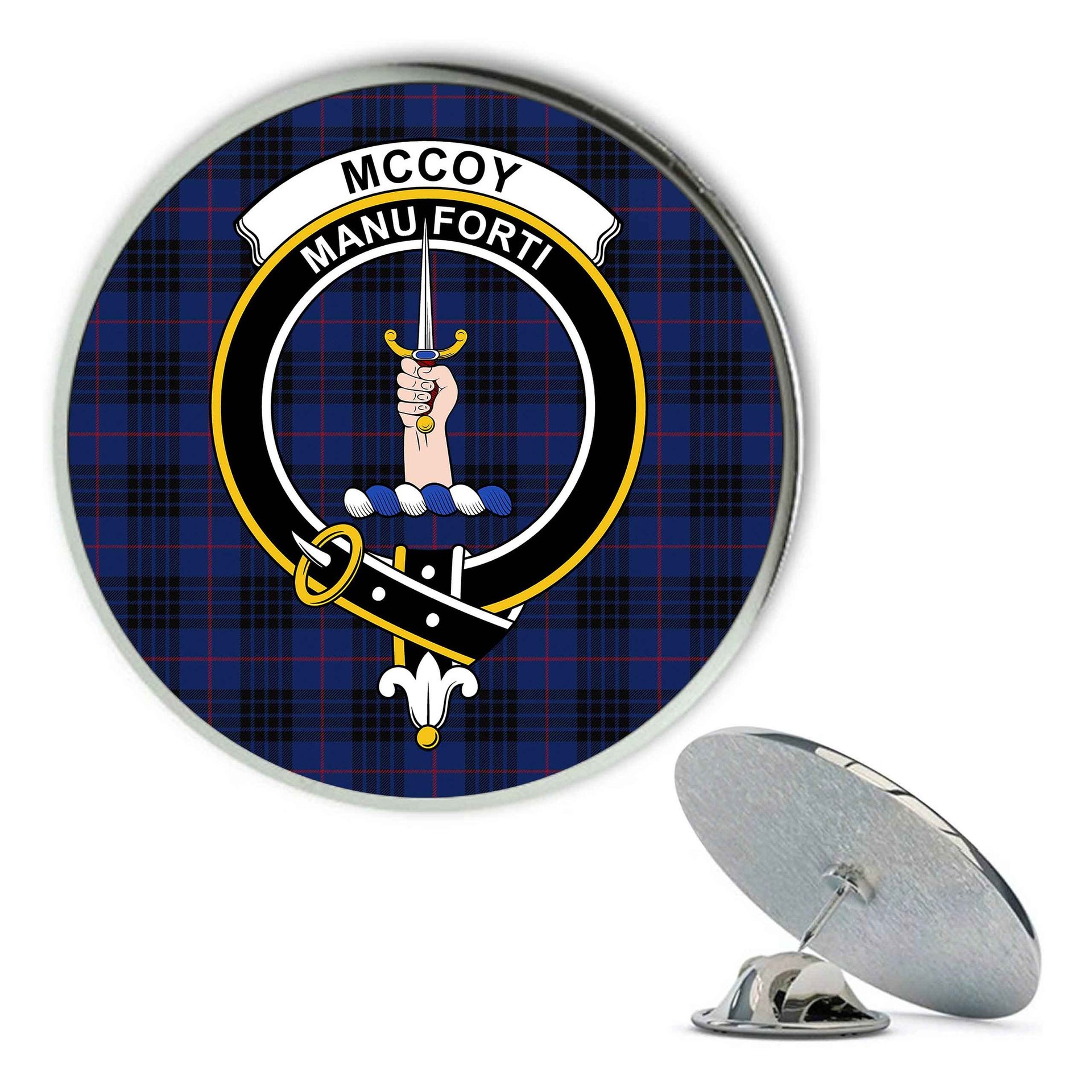 ScotsTee Shop Scottish McCoy Blue Metal Tartan Lapel Pin Scottish Clan Crest Badge