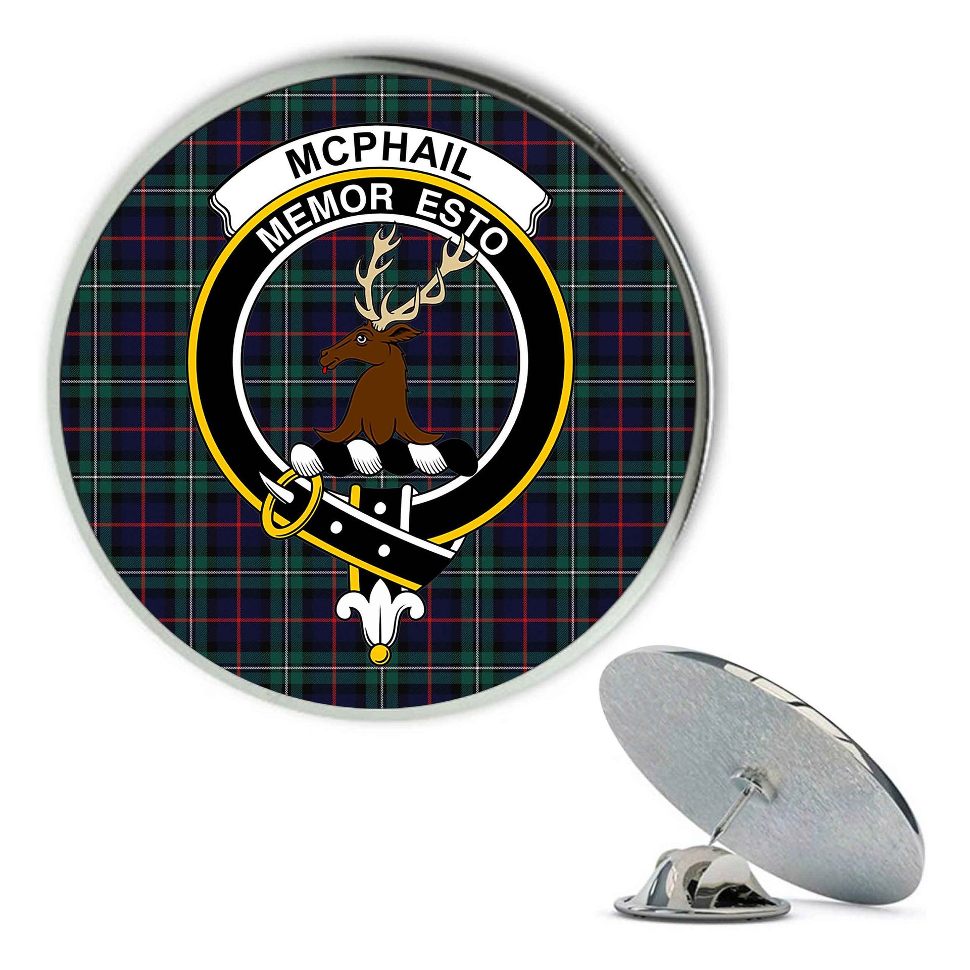 ScotsTee Shop Scottish McPhail Hunting Modern Metal Tartan Lapel Pin Scottish Clan Crest Badge