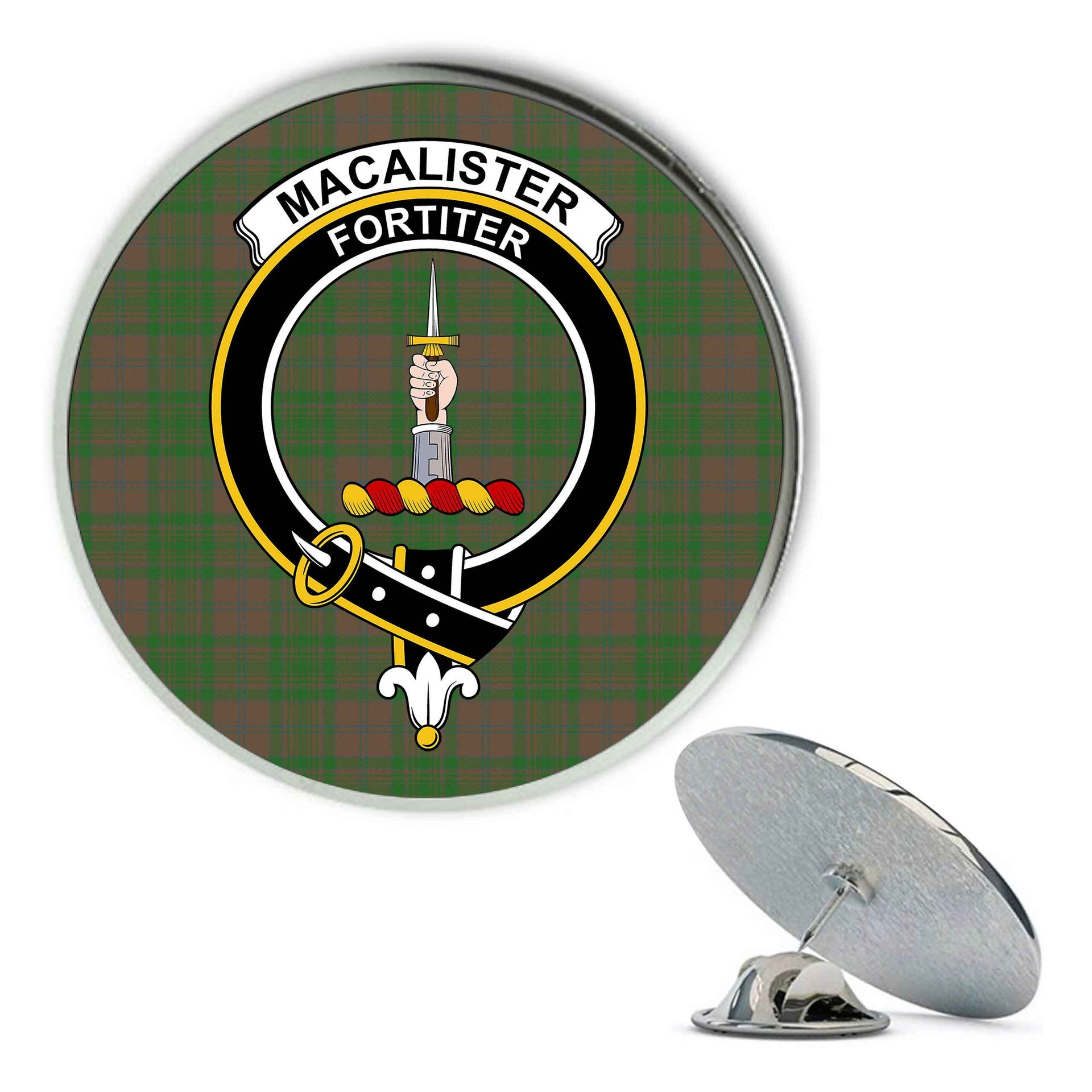 ScotsTee Shop Scottish MacAlister of Glenbarr Hunting Ancient Metal Tartan Lapel Pin Scottish Clan Crest Badge