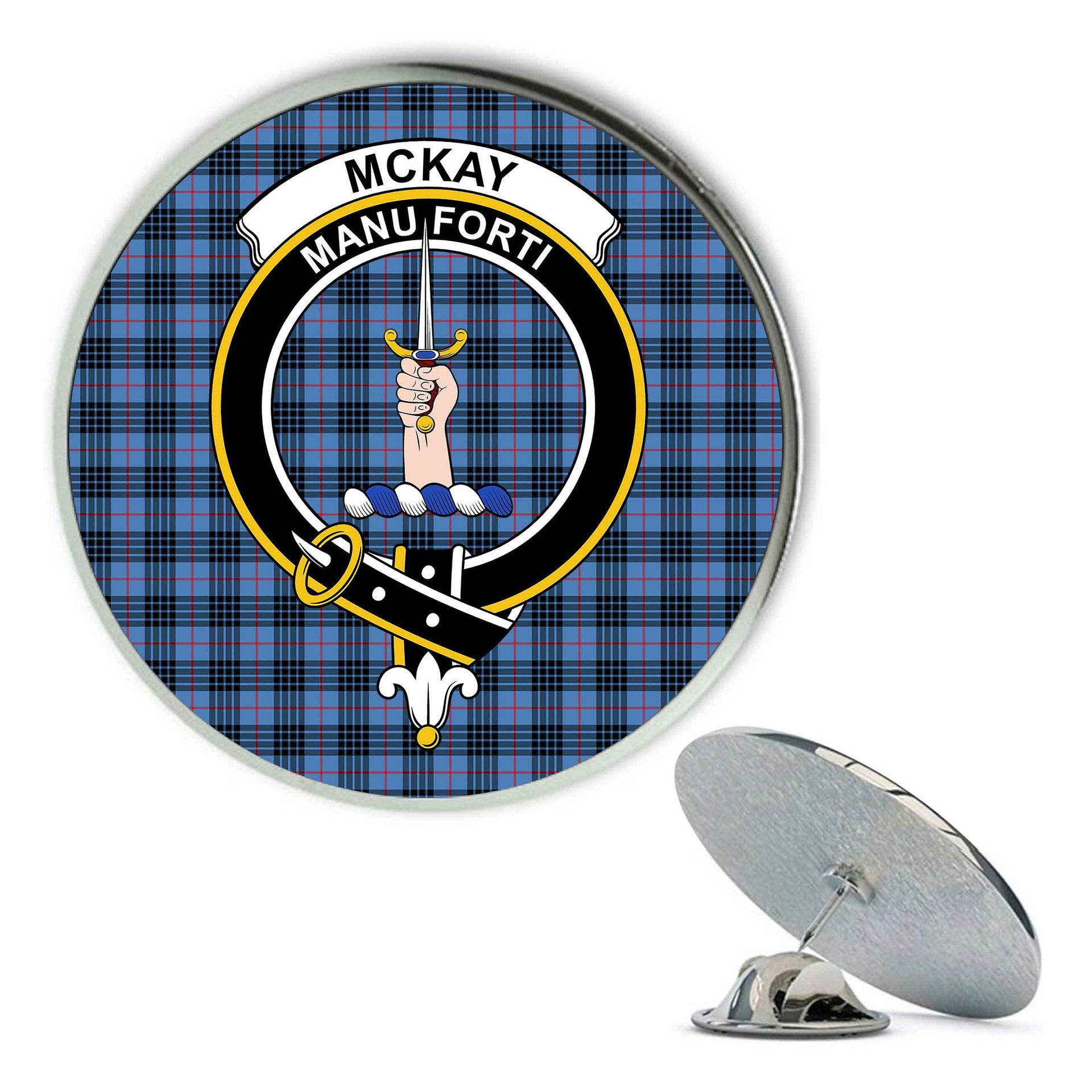 ScotsTee Shop Scottish McKay Blue Metal Tartan Lapel Pin Scottish Clan Crest Badge