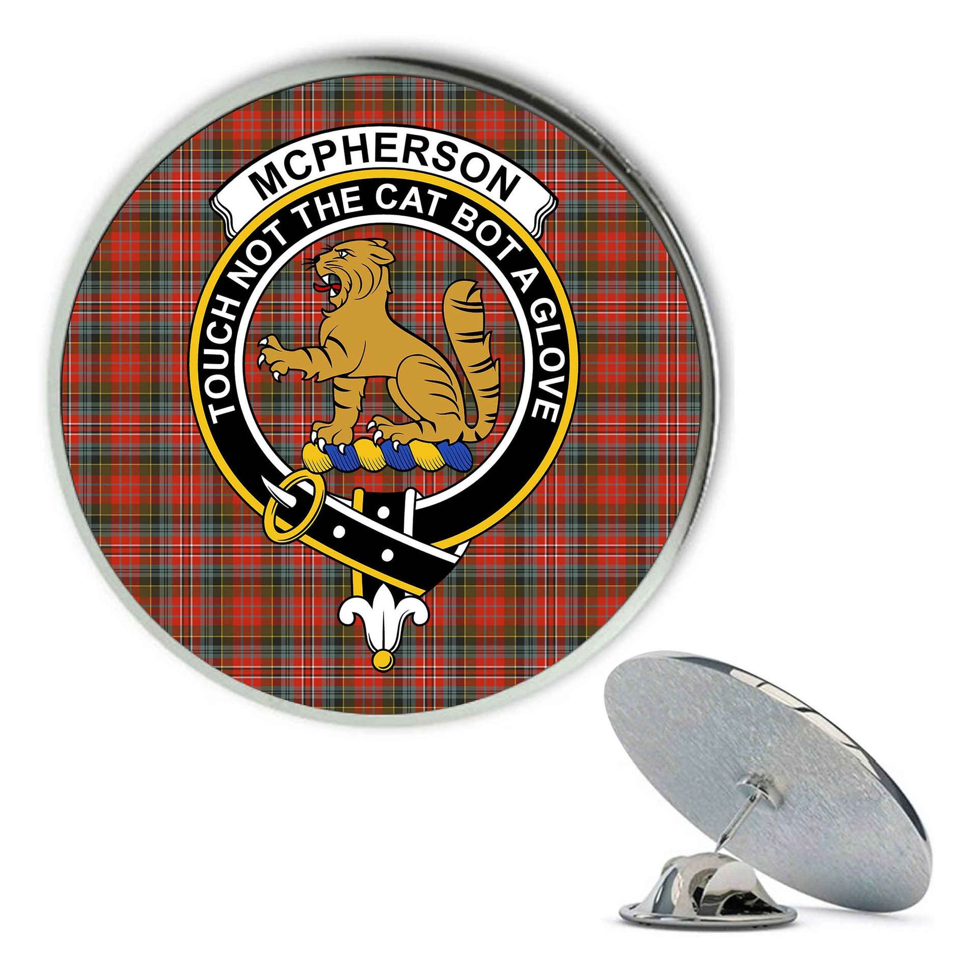 ScotsTee Shop Scottish McPherson Weathered Metal Tartan Lapel Pin Scottish Clan Crest Badge