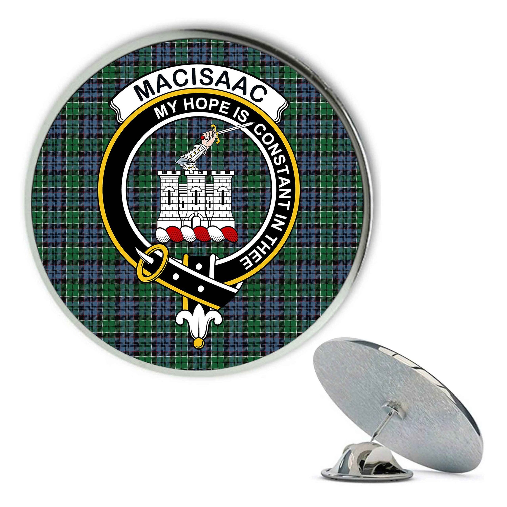 ScotsTee Shop Scottish MacIsaac Modern Metal Tartan Lapel Pin Scottish Clan Crest Badge