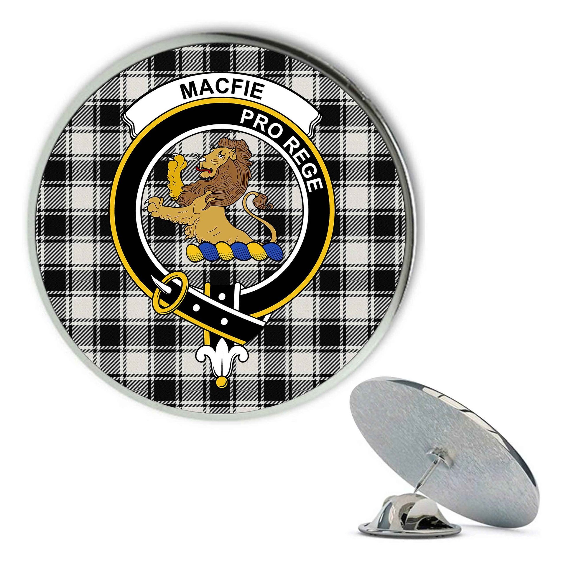 ScotsTee Shop Scottish MacFie Black & White Ancient Metal Tartan Lapel Pin Scottish Clan Crest Badge