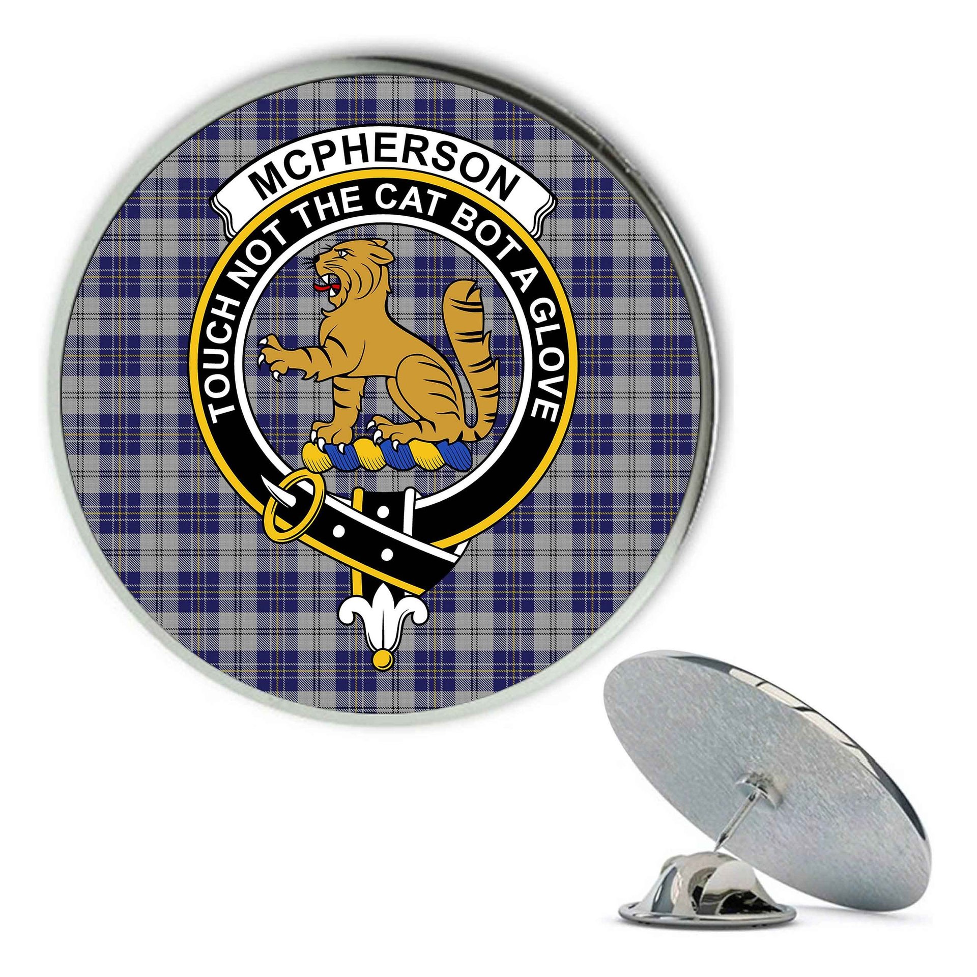 ScotsTee Shop Scottish McPherson Dress Blue Metal Tartan Lapel Pin Scottish Clan Crest Badge