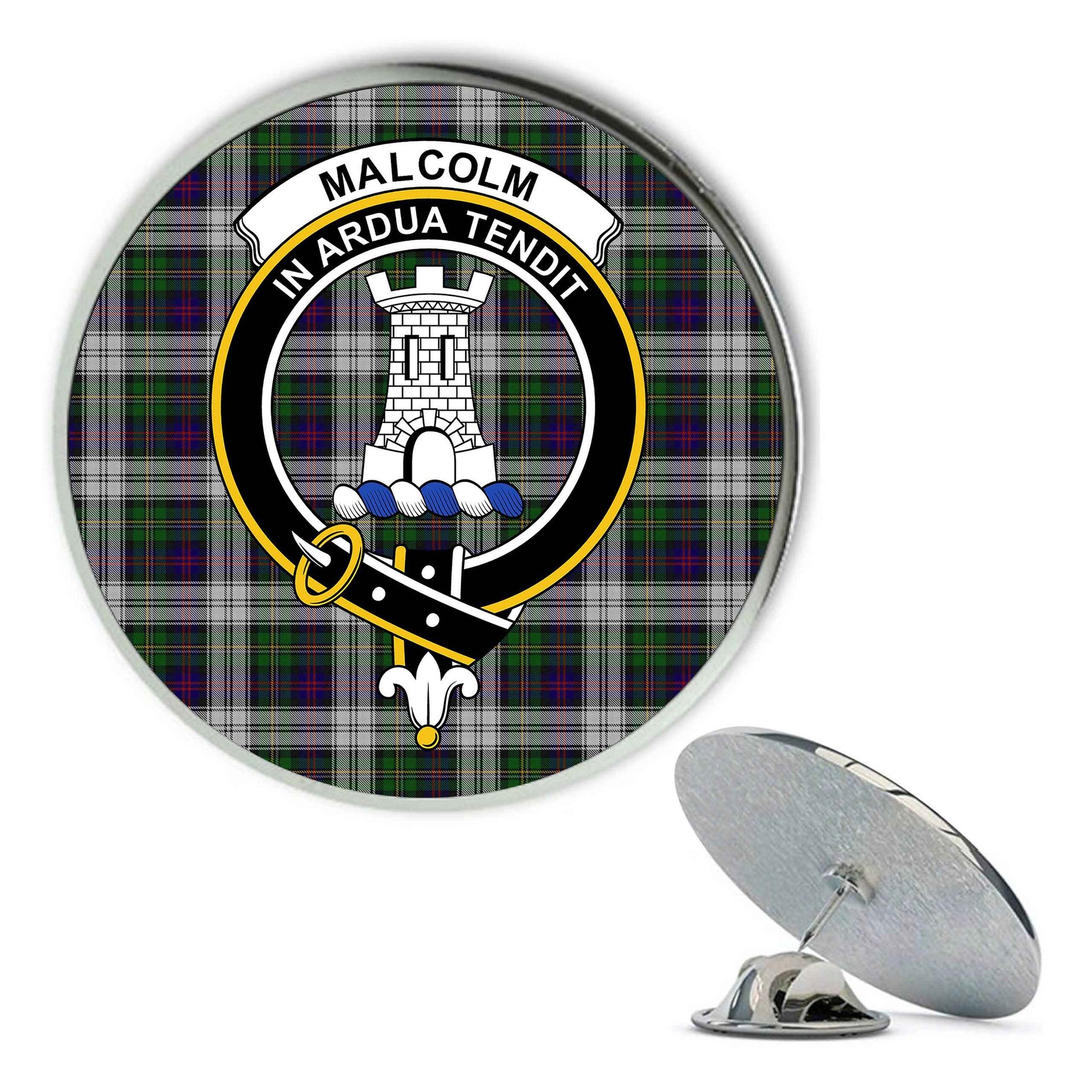 ScotsTee Shop Scottish Malcolm Dress Metal Tartan Lapel Pin Scottish Clan Crest Badge