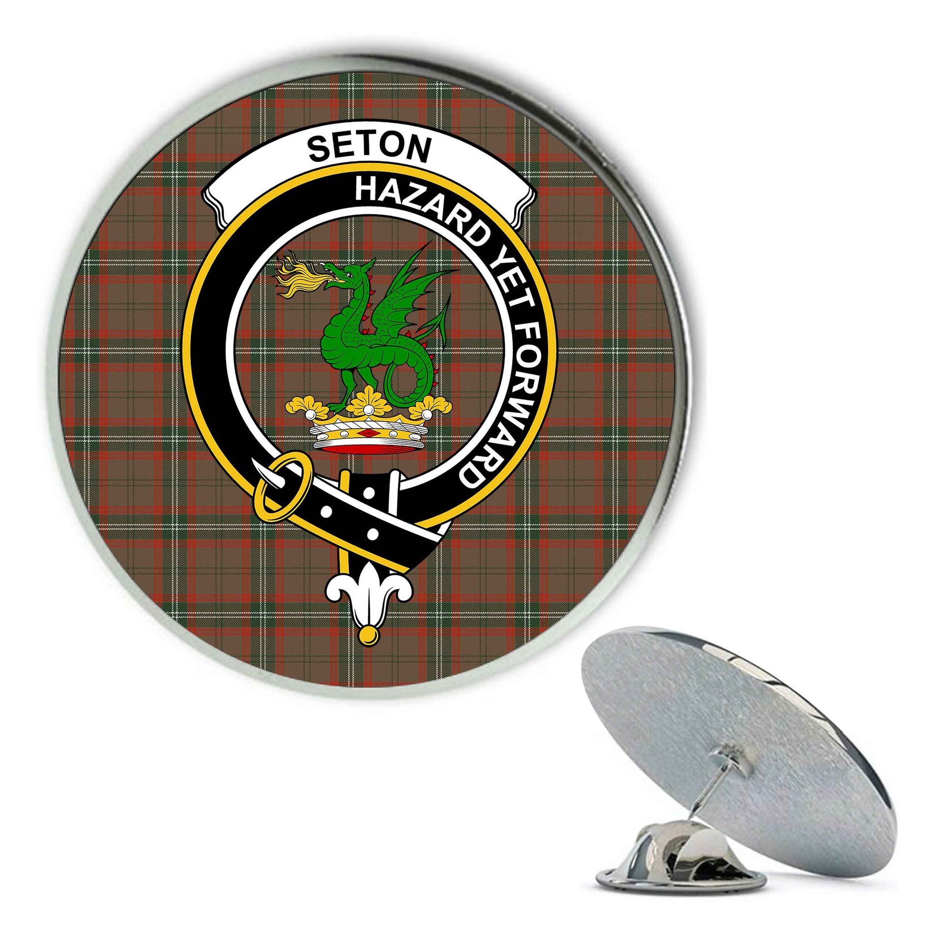 ScotsTee Shop Scottish Seton Hunting Ancient Metal Tartan Lapel Pin Scottish Clan Crest Badge