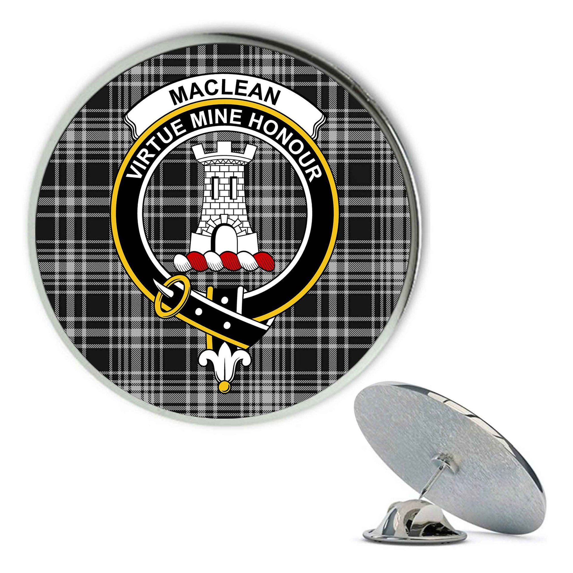 ScotsTee Shop Scottish MacLean Black and White Metal Tartan Lapel Pin Scottish Clan Crest Badge