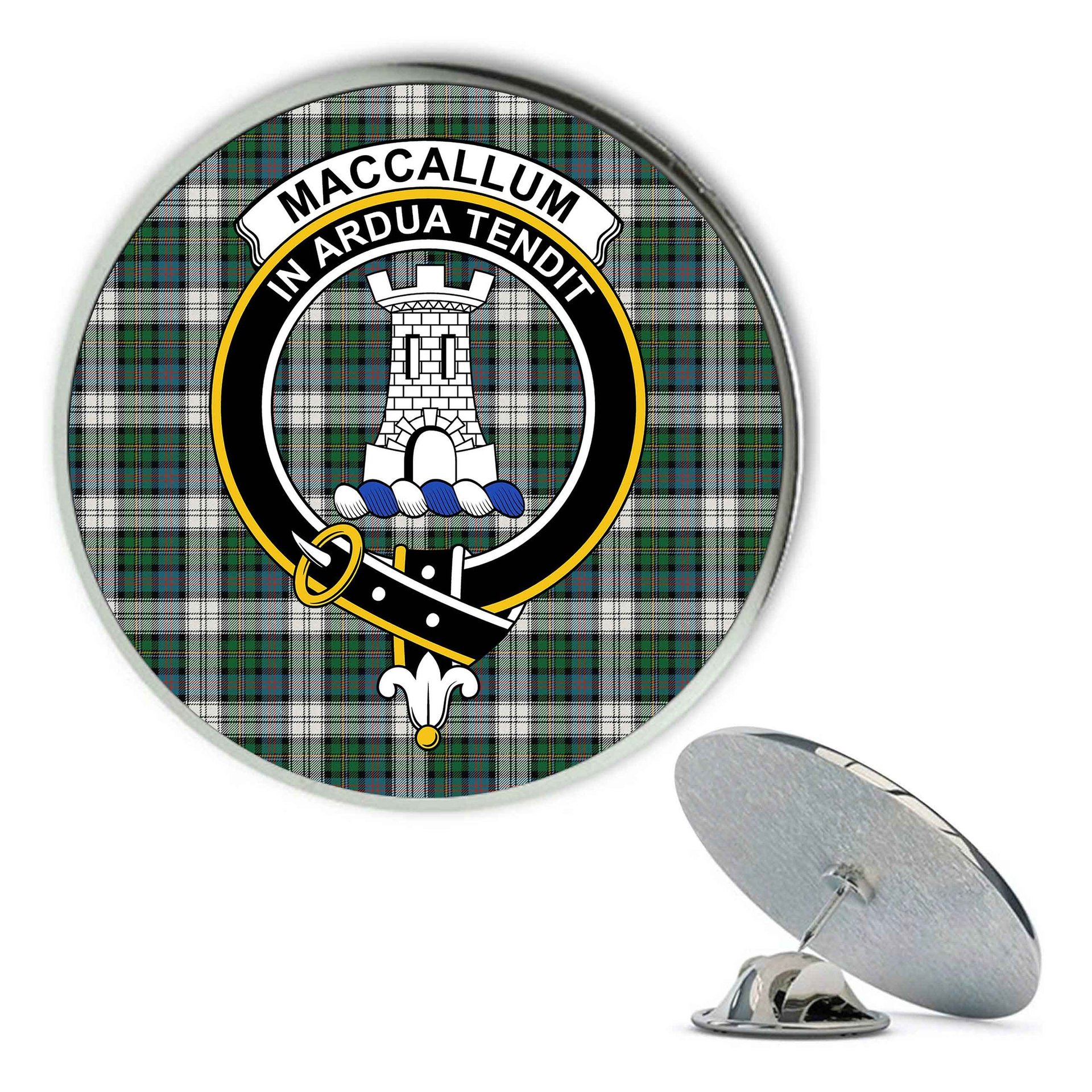 ScotsTee Shop Scottish MacCallum Dress Ancient Metal Tartan Lapel Pin Scottish Clan Crest Badge